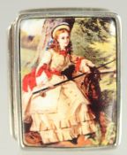 A SILVER PILL BOX enamel lid with a lady. 1.25ins.