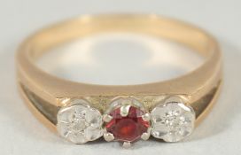 A 9CT GOLD THREE STONE DIAMOND AND SAPPHIRE RING
