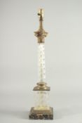 A CORINTHIAN COLUMN GLASS AND ORMOLU LAMP on a marble base. 25ins high.