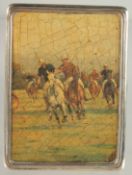 A GOOD SILVER CIGARETTE CASE the lid and bottom with polo scenes.