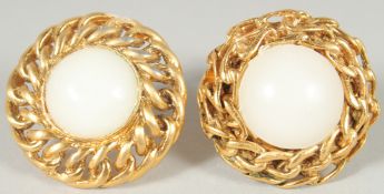 A GOOD PAIR OF CHANEL GILT AND PEARL CIRCULAR EAR CLIPS stamped Chanel, Made in Paris. 3cm