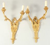 A PAIR OF LOUIS XVITH DESIGN GILT BRONZE TWO LIGHT WALL SCONCES. 16ins long.