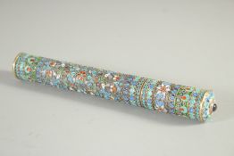A GOOD RUSSIAN SILVER ENAMEL CIGAR DRUM. Stamped, 84. 7.5ins long, 1in diameter.