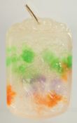A CHINESE MULTI COLOURED JADE PENDANT with gold ring. 2.25ins x 1.25in.