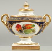 A ROYAL WORCESTER VASE AND COVER hand painted with two panels of feathers on a blue ground, by D.