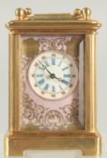 A MINIATURE SEVRES DESIGN CARRIAGE CLOCK. 2.5ins .