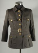 A CHANEL MILITARY STYLE, GREY JACKET, 100% wool, silk lined, Chanel double C buttons and belt.