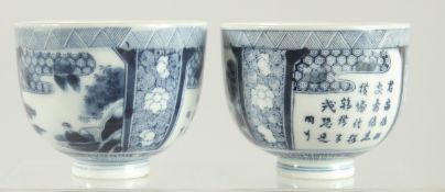 A PAIR OF CHINESE BLUE AND WHITE PORCELAIN BOWLS. 9cm diameter.