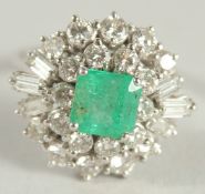 A SUPERB 18 CT WHITE GOLD, EMERALD AND DIAMOND CLUSTER RING with central emerald surrounded by