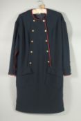 A CHANEL NAVY BLUE CLASSIC DRESS with red trim and Chanel gilt buttons. Size label removed, appox.