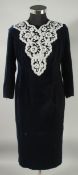 A CATHERINE WALKER NAVY VELVET DRESS with pearl design, silk lining, small tear to back seam.