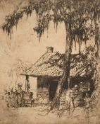 Devitt Walsh, A family group and dogs outside a hut, etching, signed, 4.75