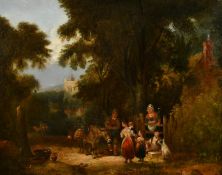 Attributed to William Shayer, figures gathered on a country track, oil on canvas, 17