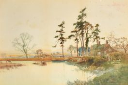 W. Matthison (1853-1926) British, A river landscape scene with barges, figures outside a cottage