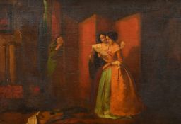 19th Century, Figures in an interior, two young women standing reading a letter, another hiding