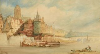 Paul Marny, A continental canal scene with moored barges and boats near a bridge, figures tending to