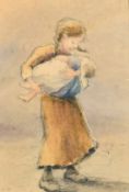 Circle of William Conor, A young girl holding a baby, watercolour, 6.5