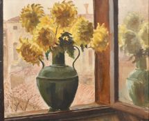 Pietro Sansalvadore (1892-1955), sunflowers in a green urn on a windowsill, oil on canvas, signed