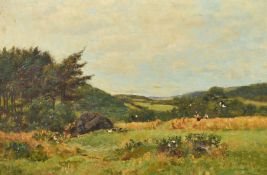 Richard Gay Somerset (1848-1928) British, An extensive landscape with a hay field and figures making