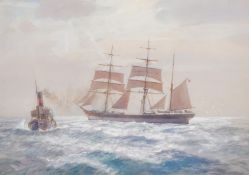 Arthur Burgess (1879-1957), a three-masted sailboat and a tug, watercolour, signed, 13.5