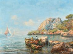 French School, Circa 2004, a fisherman and his nets in a rocky bay, oil on canvas, indistinctly