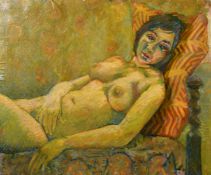 Asian School (20th Century) A reclining nude, oil on canvas, indistinctly signed, 20.75