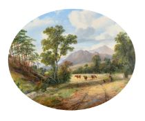 19th Century, An extensive landscape with a figure and dog moving cattle, with mountains beyond, oil