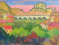 F. Diana, 20th Century, a view of an aqueduct through a valley, oil on paper, signed, 19