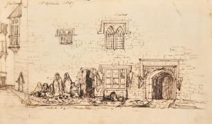 19th Century, 'The rag stall', a group of figures on a street corner with rags hanging on the