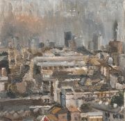 Modern British School, A view of a city at roof top level, oil on canvas, 9.75
