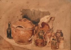 Circle of P. de Wint, A still life of mixed pots on a ledge, watercolour, 6.75