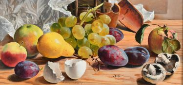 Robert Dumont-Smith (1908-1994), a still life of fruit, mushrooms and eggshells, oil panel,