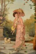 19th Century Continental School, an elegant female figure with a parasol walking under falling