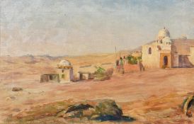 North African Scene, circa 1911, buildings in a landscape, oil on canvas, indistinctly signed, 14