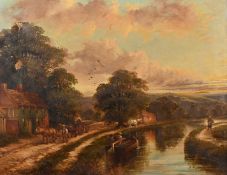 J.J. Hughes, (Late 19th Century) 'Near Skipton', a canal scene with a logging cart, figure on a