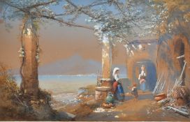 Thomas Charles Rowbotham (1823-1875), figures under vines with a coastal view beyond, watercolour,