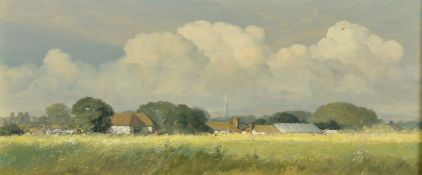 Oliver Ommanney, 'Near Hunston', a distant view of Chichester, oil on board, signed, inscribed and