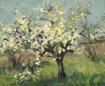 Ryno Frieberg (20th Century) Figures in an orchard at blossom time, oil on canvas, signed and