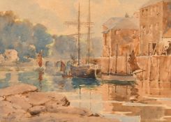 Frank Kelsey (1864-1932) British, sailboats moored at a quay, watercolour, signed, 9.5