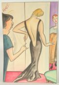 Edward Sylvester Hynes (1897-1982) Irish, A lady trying on a long black dress in a changing room