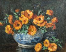 20th Century, a still life of orange flowers in an Oriental bowl, oil on canvas, indistinctly