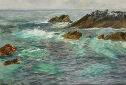 Charles Napier Hemy (1841-1917), a view of waves breaking over rocks, oil on board, signed, 18