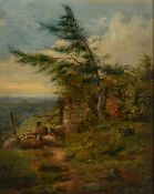 19th Century School, sheep resting by a gate with a valley view beyond, oil on canvas laid down,