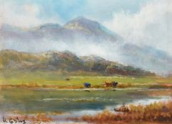 Henry Hadfield Cubley (1858-1934) British, Cattle watering in a mountain lake 8.75