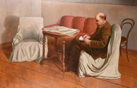 20th Century Soviet School, Portrait of Lenin seated holding a pen and paper, oil on canvas, 53.5