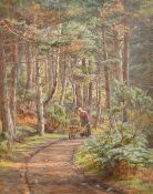 Edith Martineau (1842-1909), a female figure with a wheelbarrow on a woodland track, watercolour,