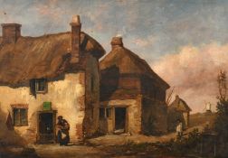 Richard Henry Nibbs (1816-1893), figures by an inn with a wayfarer approaching, oil on board,