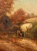 A.M. Phillips, circa 1879, children playing on a swinging gate, oil on canvas, signed, 16