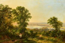 John Frederick Tennant (1796-1872) British, a wayfarer on a country path with a river and town in