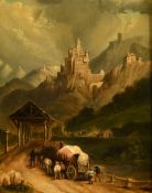 19th Century Continental School, a pair of oil on panel paintings of castles in mountainous